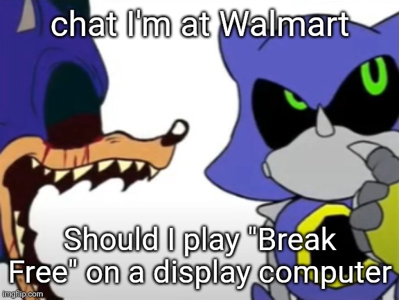 Either that or Dead Or Alive or Feel The Fury, vote in comments | chat I'm at Walmart; Should I play "Break Free" on a display computer | image tagged in exe ragebaiting with metal thinking | made w/ Imgflip meme maker