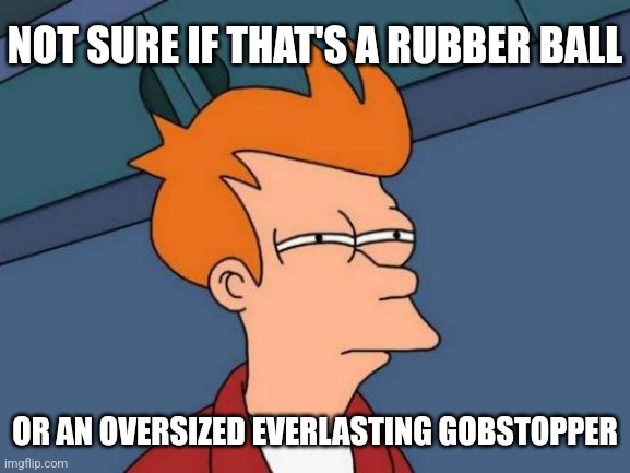 Futurama Fry Meme | NOT SURE IF THAT'S A RUBBER BALL OR AN OVERSIZED EVERLASTING GOBSTOPPER | image tagged in memes,futurama fry | made w/ Imgflip meme maker