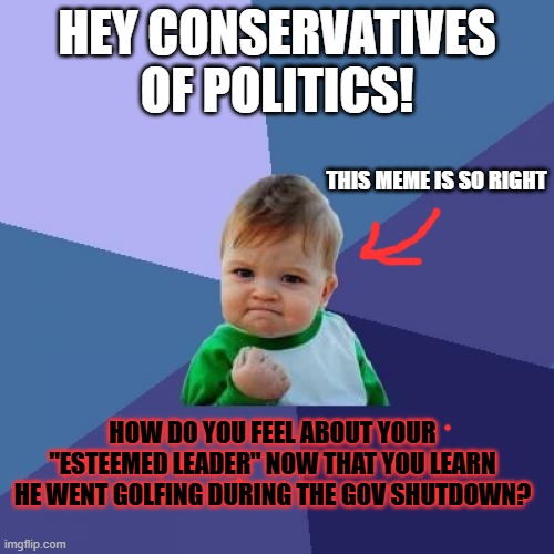 Success Kid Meme | HEY CONSERVATIVES OF POLITICS! THIS MEME IS SO RIGHT; HOW DO YOU FEEL ABOUT YOUR "ESTEEMED LEADER" NOW THAT YOU LEARN HE WENT GOLFING DURING THE GOV SHUTDOWN? | image tagged in memes,success kid | made w/ Imgflip meme maker