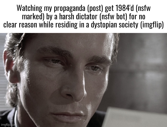 uh | Watching my propaganda (post) get 1984'd (nsfw marked) by a harsh dictator (nsfw bot) for no clear reason while residing in a dystopian society (imgflip) | image tagged in patrick bateman staring at card | made w/ Imgflip meme maker