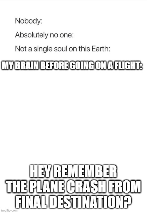 Nobody:, Absolutely no one: | MY BRAIN BEFORE GOING ON A FLIGHT:; HEY REMEMBER THE PLANE CRASH FROM FINAL DESTINATION? | image tagged in nobody absolutely no one,horror | made w/ Imgflip meme maker