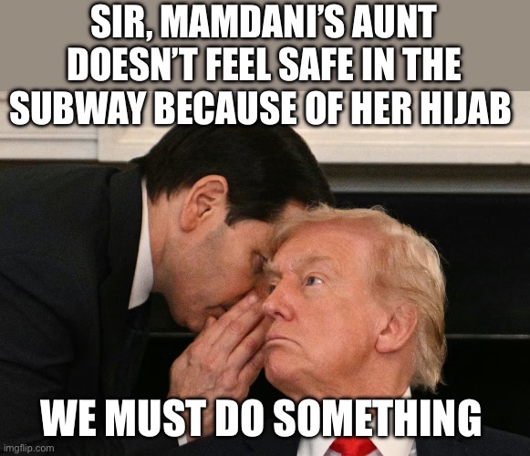 Trump Learning About Israel & Hamas Agreement to Gaza Peace Plan | SIR, MAMDANI’S AUNT DOESN’T FEEL SAFE IN THE SUBWAY BECAUSE OF HER HIJAB; WE MUST DO SOMETHING | image tagged in trump learning about israel hamas agreement to gaza peace plan,politics,political meme,islam | made w/ Imgflip meme maker