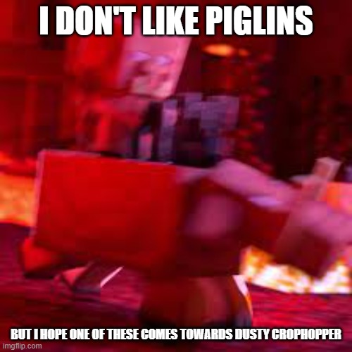 Piglin Riding Hoglin | I DON'T LIKE PIGLINS; BUT I HOPE ONE OF THESE COMES TOWARDS DUSTY CROPHOPPER | image tagged in piglin riding hoglin | made w/ Imgflip meme maker