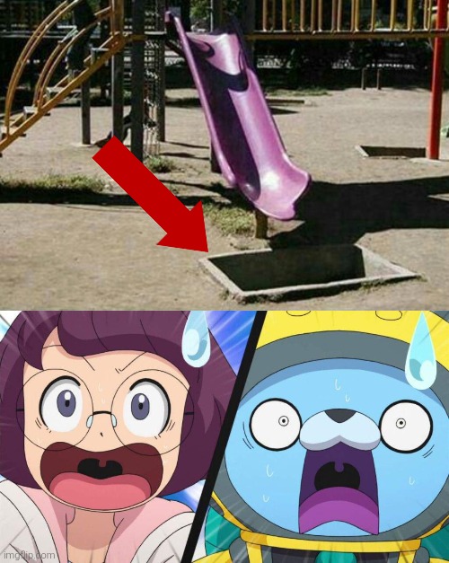 Surely that hole isn't a very deep one, right? Right? | image tagged in slide,hole | made w/ Imgflip meme maker