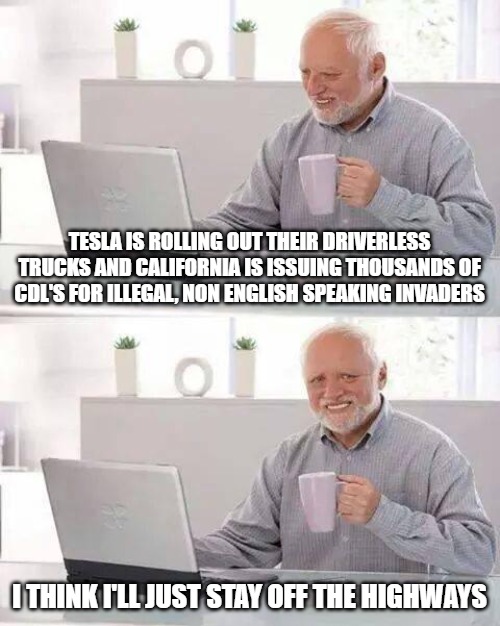 I don't want to drive on the highways anymore. | TESLA IS ROLLING OUT THEIR DRIVERLESS TRUCKS AND CALIFORNIA IS ISSUING THOUSANDS OF CDL'S FOR ILLEGAL, NON ENGLISH SPEAKING INVADERS; I THINK I'LL JUST STAY OFF THE HIGHWAYS | image tagged in memes,hide the pain harold,elon musk,tesla,illegal aliens | made w/ Imgflip meme maker