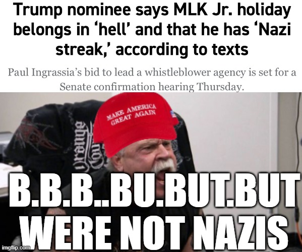 It shows | B.B.B..BU.BUT.BUT WERE NOT NAZIS | image tagged in maga idiot | made w/ Imgflip meme maker