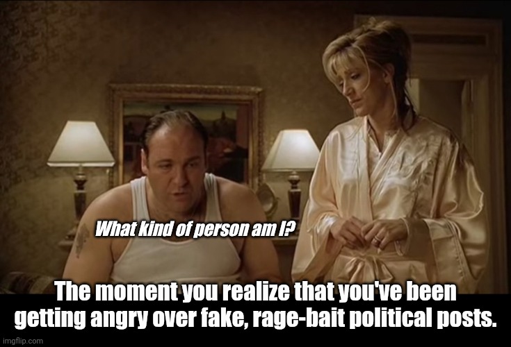 A series of distractions | What kind of person am I? The moment you realize that you've been getting angry over fake, rage-bait political posts. | image tagged in fun | made w/ Imgflip meme maker