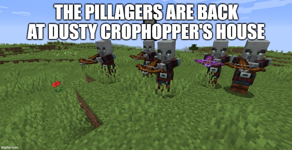 Pillager Patrol | THE PILLAGERS ARE BACK AT DUSTY CROPHOPPER'S HOUSE | image tagged in pillager patrol | made w/ Imgflip meme maker