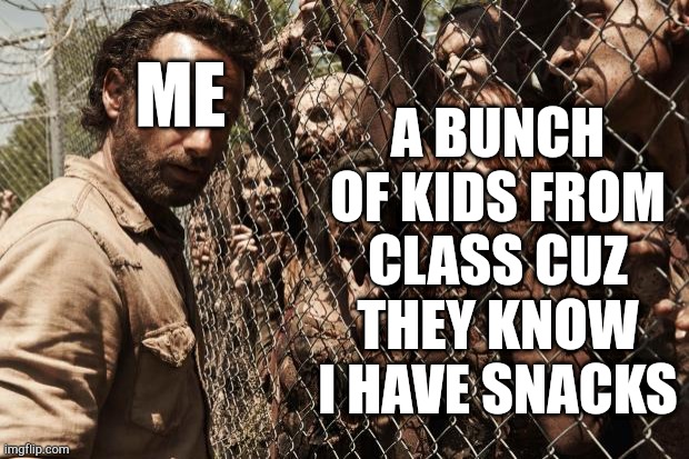 zombies | A BUNCH OF KIDS FROM CLASS CUZ THEY KNOW I HAVE SNACKS; ME | image tagged in zombies | made w/ Imgflip meme maker
