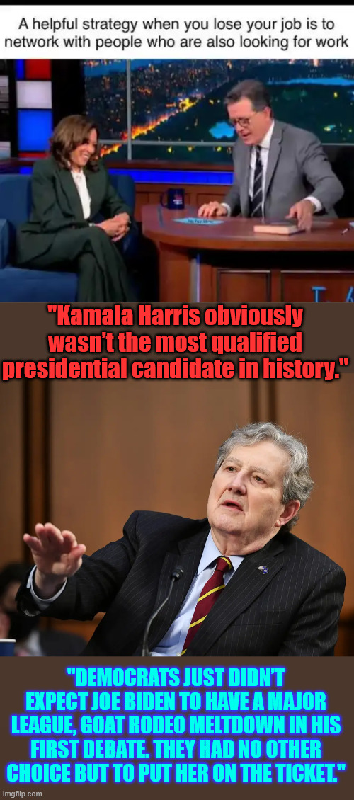 Nobody says it like Senator Kennedy | "Kamala Harris obviously wasn’t the most qualified presidential candidate in history."; "DEMOCRATS JUST DIDN’T EXPECT JOE BIDEN TO HAVE A MAJOR LEAGUE, GOAT RODEO MELTDOWN IN HIS FIRST DEBATE. THEY HAD NO OTHER CHOICE BUT TO PUT HER ON THE TICKET." | image tagged in senator john kennedy,dnc,no choices left,kamala | made w/ Imgflip meme maker