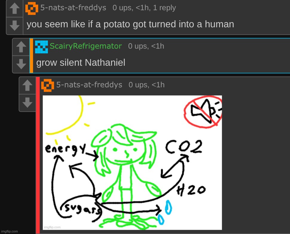 I get energy from the sun, and then I get some CO2 and H2O, and I synthesize it into sugars using sun energy, make ATP (no noise | made w/ Imgflip meme maker