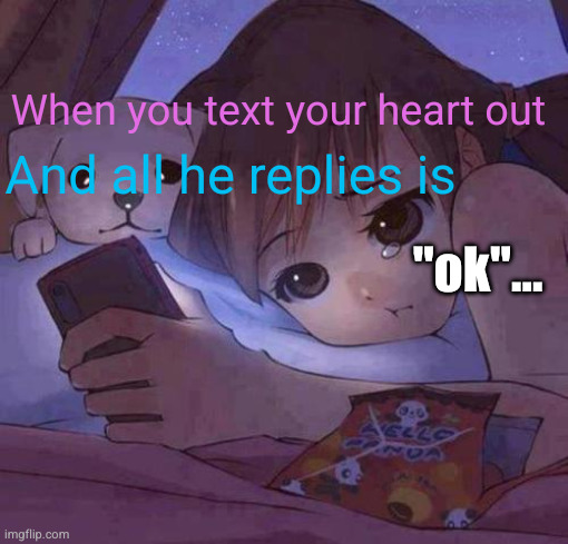 sad anime | When you text your heart out And all he replies is "ok"... | image tagged in sad anime | made w/ Imgflip meme maker