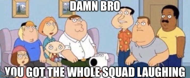 Damn bro you got the whole squad laughing | DAMN BRO YOU GOT THE WHOLE SQUAD LAUGHING | image tagged in damn bro you got the whole squad laughing | made w/ Imgflip meme maker