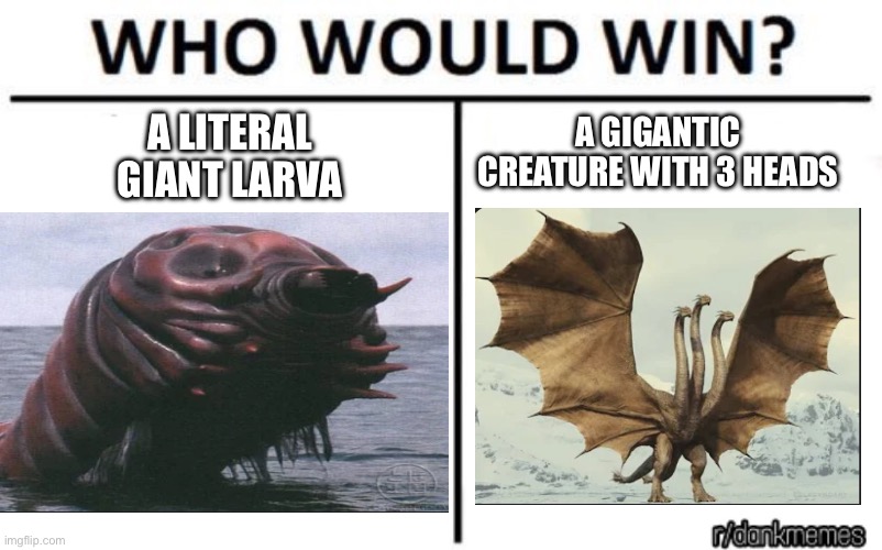 who would win | A LITERAL GIANT LARVA; A GIGANTIC CREATURE WITH 3 HEADS | image tagged in who would win | made w/ Imgflip meme maker