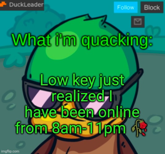 DuckLeader Announcement v.3 | Low key just realized I have been online from 8am-11pm 🥀 | image tagged in duckleader announcement v 3 | made w/ Imgflip meme maker