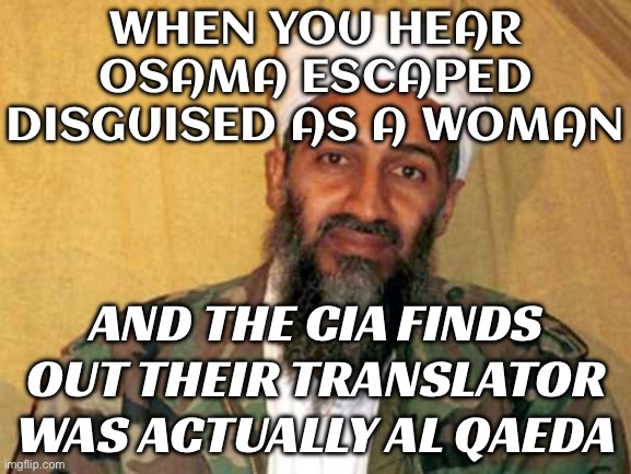 Osama bin Laden Escaped Disguised As A Woman: Ex-CIA Officer John Kiriakou | WHEN YOU HEAR OSAMA ESCAPED DISGUISED AS A WOMAN; AND THE CIA FINDS OUT THEIR TRANSLATOR WAS ACTUALLY AL QAEDA | image tagged in osama bin laden,us military,islamic terrorism,afghanistan,radical islam,breaking news | made w/ Imgflip meme maker