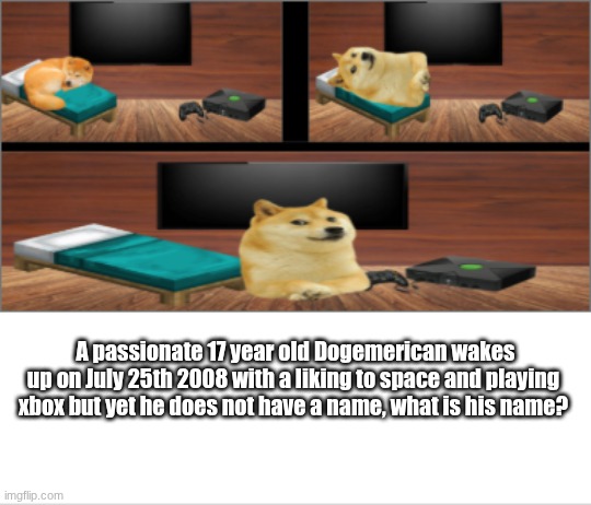The top comment decides his name (A silly lil webcomic based off of Homestuck I made :3) | A passionate 17 year old Dogemerican wakes up on July 25th 2008 with a liking to space and playing xbox but yet he does not have a name, what is his name? | image tagged in webcomic | made w/ Imgflip meme maker