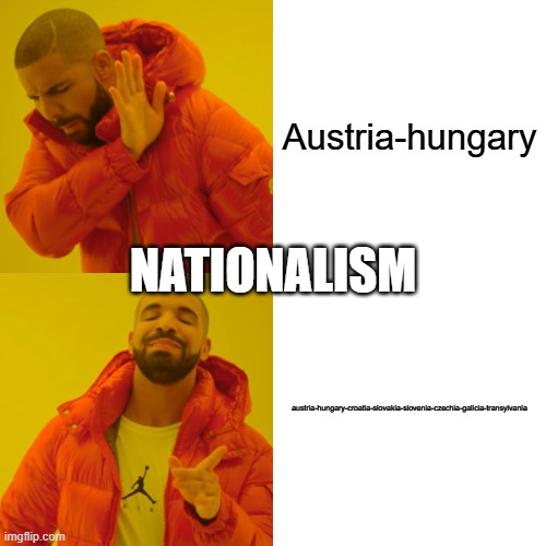in 1914 | Austria-hungary; NATIONALISM; austria-hungary-croatia-slovakia-slovenia-czechia-galicia-transylvania | image tagged in memes,drake hotline bling | made w/ Imgflip meme maker