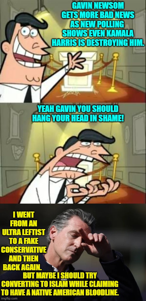 Gavin can't understand.  His hair is PERFECT after all. | GAVIN NEWSOM GETS MORE BAD NEWS AS NEW POLLING  SHOWS EVEN KAMALA HARRIS IS DESTROYING HIM. YEAH GAVIN YOU SHOULD HANG YOUR HEAD IN SHAME! I WENT FROM AN ULTRA LEFTIST TO A FAKE CONSERVATIVE AND THEN BACK AGAIN. BUT MAYBE I SHOULD TRY CONVERTING TO ISLAM WHILE CLAIMING TO HAVE A NATIVE AMERICAN BLOODLINE. | image tagged in this is where i'd put my trophy if i had one | made w/ Imgflip meme maker