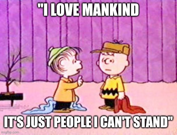 Charlie Brown and Linus | "I LOVE MANKIND IT'S JUST PEOPLE I CAN'T STAND" | image tagged in charlie brown and linus | made w/ Imgflip meme maker
