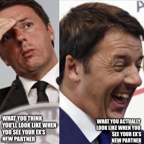 Ex’s new partner | WHAT YOU THINK 
YOU’LL LOOK LIKE WHEN
YOU SEE YOUR EX’S
NEW PARTNER; WHAT YOU ACTUALLY 
LOOK LIKE WHEN YOU 
SEE YOUR EX’S
NEW PARTNER | image tagged in ex girlfriend,ex boyfriend,ex partner,renzi,italy | made w/ Imgflip meme maker