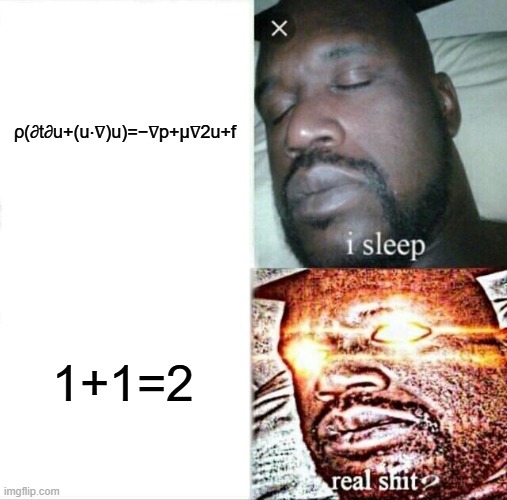 i sleep | ρ(∂t∂u​+(u⋅∇)u)=−∇p+μ∇2u+f; 1+1=2 | image tagged in memes,sleeping shaq,math,funny | made w/ Imgflip meme maker