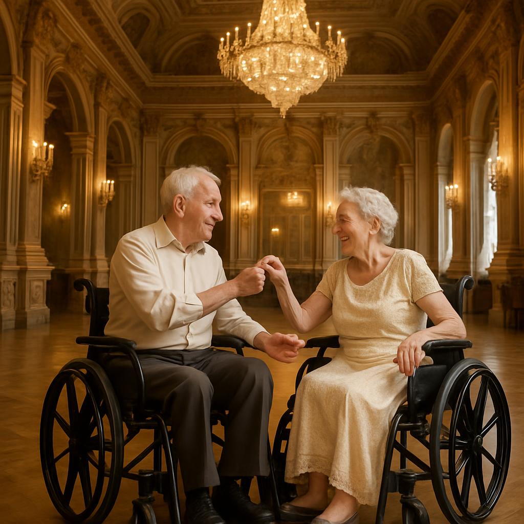 elderly couple in wheelchairs "dancing" in an ornate ballroom Blank Meme Template