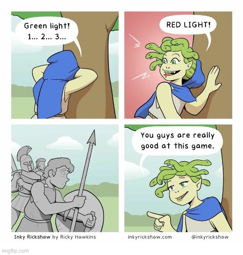 image tagged in comics,inky rickshaw,medusa,soldiers,turn to stone,snakes | made w/ Imgflip meme maker