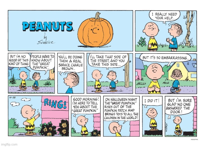 image tagged in comics,peanuts,linus,charlie brown,the great pumpkin,door to door | made w/ Imgflip meme maker