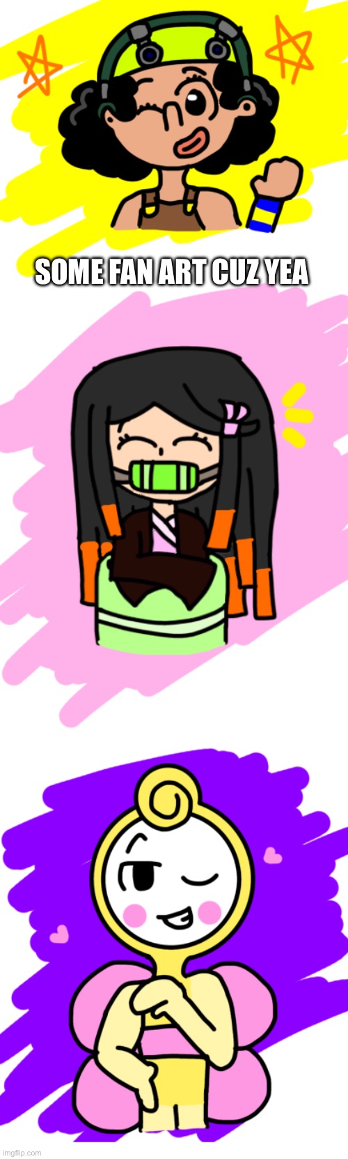 Random fanart :P | SOME FAN ART CUZ YEA | image tagged in one piece,usopp,demon slayer,nezuko,dandy's world,glisten | made w/ Imgflip meme maker