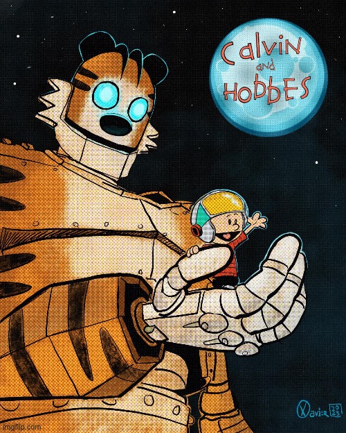 “The Iron Giant”, Calvin & Hobbes-style… | image tagged in calvin and hobbes,fan art,the iron giant,crossover | made w/ Imgflip meme maker