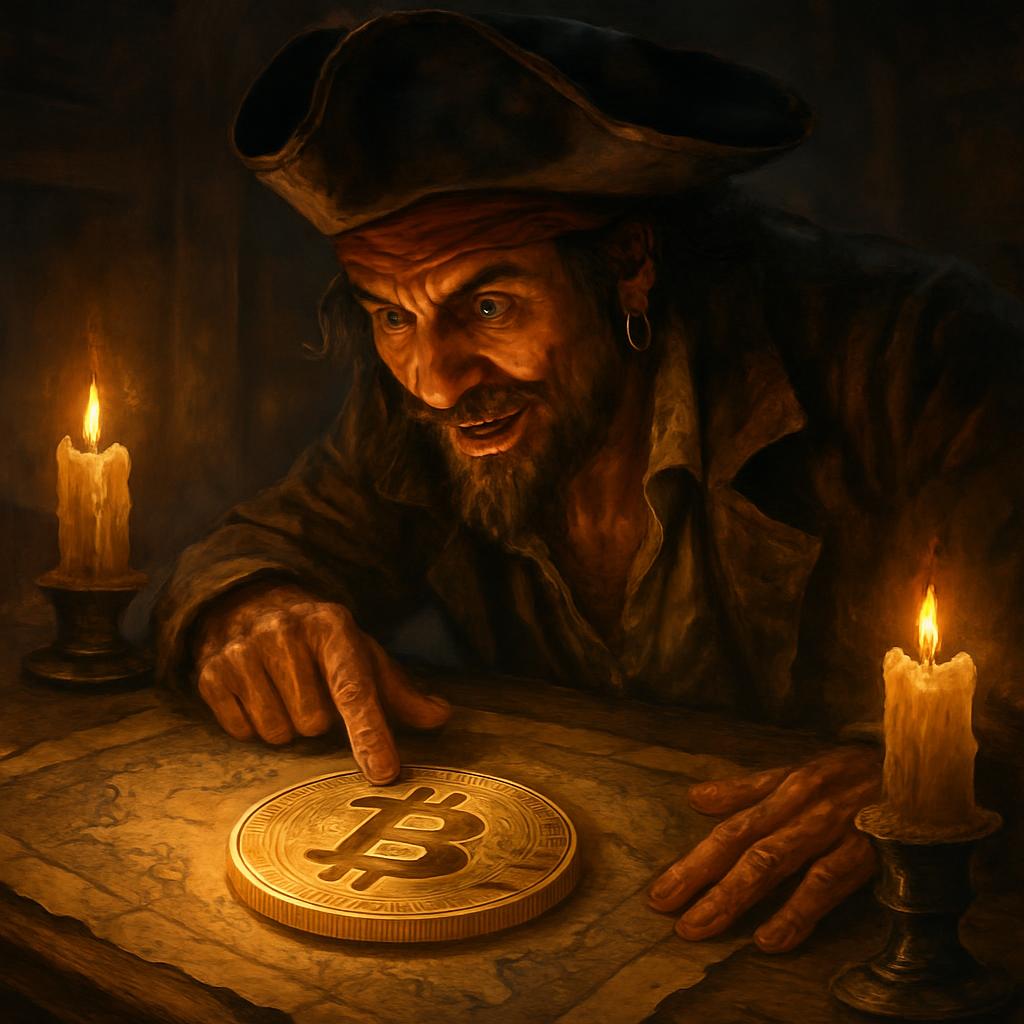 Pirate looking the map with candles and find a big gold Bitcoin Blank Meme Template