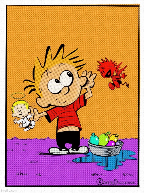 He ALWAYS listens to that guy… | image tagged in calvin and hobbes,fan art,angel,demon,choices,influence | made w/ Imgflip meme maker