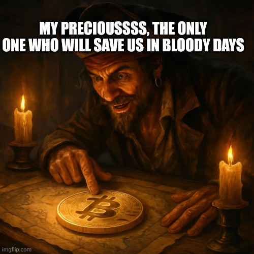 Pirate looking the map with candles and find a big gold Bitcoin | MY PRECIOUSSSS, THE ONLY ONE WHO WILL SAVE US IN BLOODY DAYS | image tagged in pirate looking the map with candles and find a big gold bitcoin | made w/ Imgflip meme maker