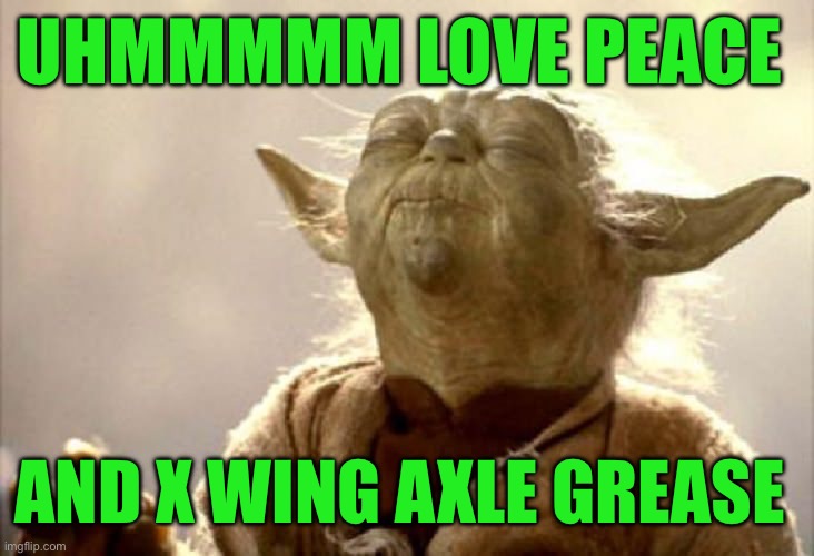 Yoda heavenly | UHMMMMM LOVE PEACE; AND X WING AXLE GREASE | image tagged in smelling yoda | made w/ Imgflip meme maker