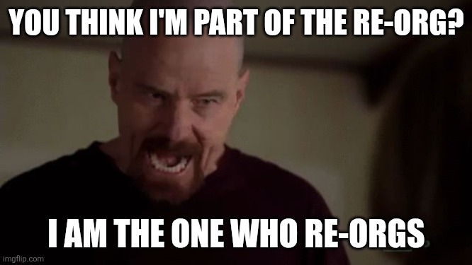 I am the danger | YOU THINK I'M PART OF THE RE-ORG? I AM THE ONE WHO RE-ORGS | image tagged in i am the danger | made w/ Imgflip meme maker