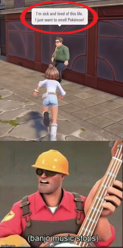 Wth is wrong with this NPC? | image tagged in banjo music stops,npc,pokemon za | made w/ Imgflip meme maker