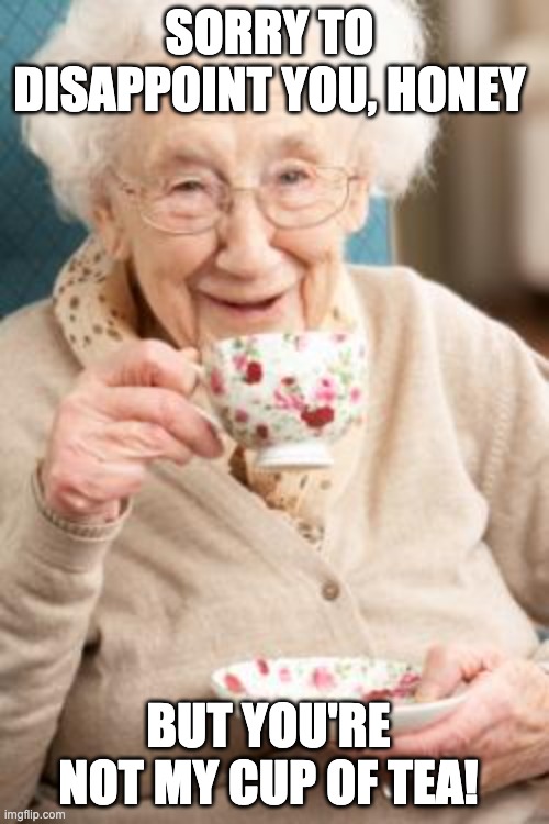 old lady drinking tea - sorry to disappoint you - cup of tea | SORRY TO DISAPPOINT YOU, HONEY; BUT YOU'RE NOT MY CUP OF TEA! | image tagged in old lady drinking tea,tea,granny,old lady,self esteem | made w/ Imgflip meme maker