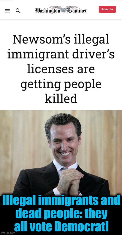 It's all part of the plan | Illegal immigrants and
dead people: they
all vote Democrat! | image tagged in scheming gavin newsom,memes,illegal immigrants,democrats,california,dead people | made w/ Imgflip meme maker