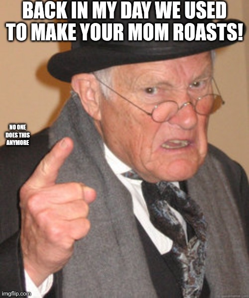 Back In My Day Meme | BACK IN MY DAY WE USED TO MAKE YOUR MOM ROASTS! NO ONE DOES THIS ANYMORE | image tagged in memes,back in my day | made w/ Imgflip meme maker