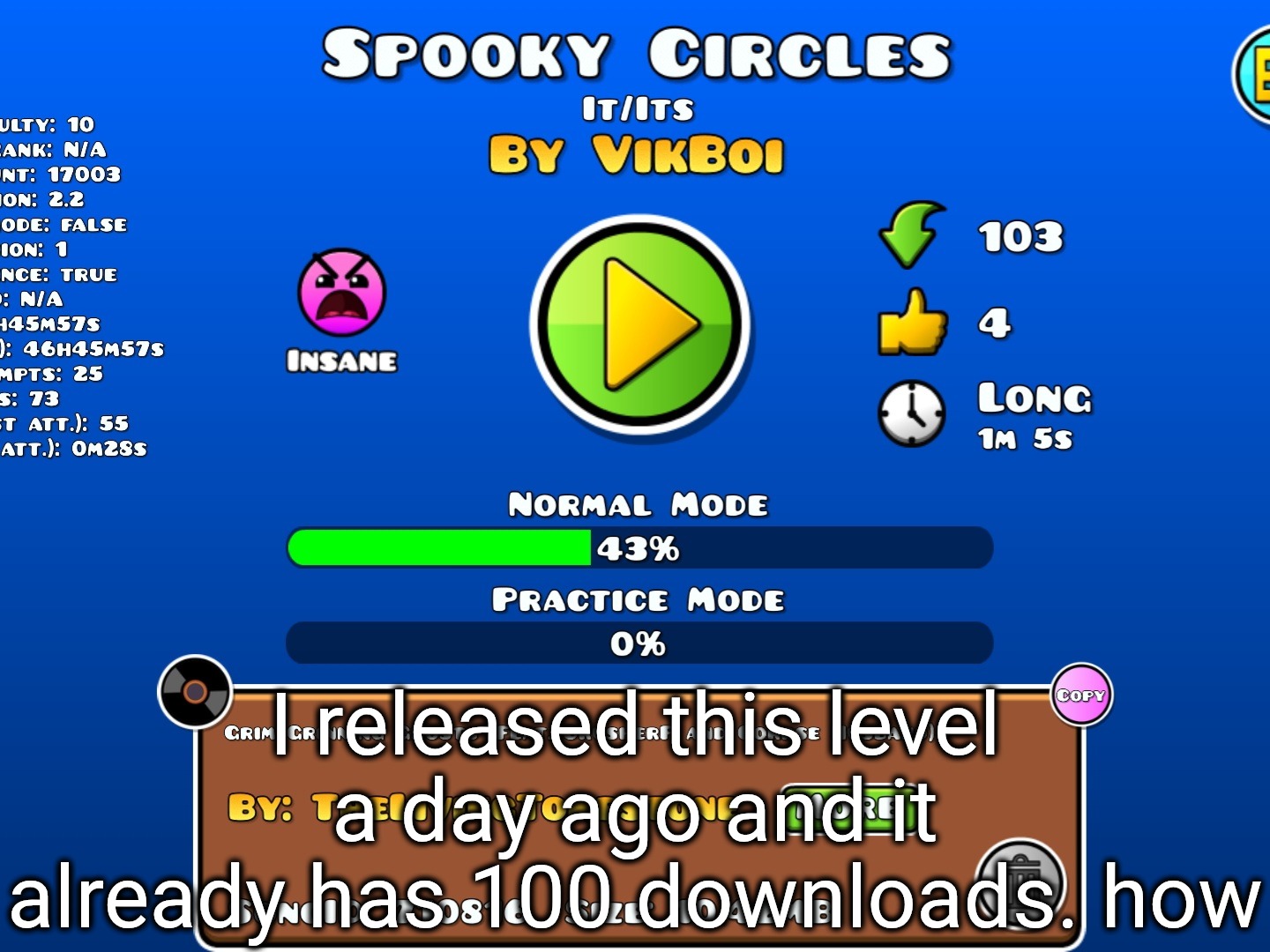By spu7nix | I released this level a day ago and it already has 100 downloads. how | made w/ Imgflip meme maker