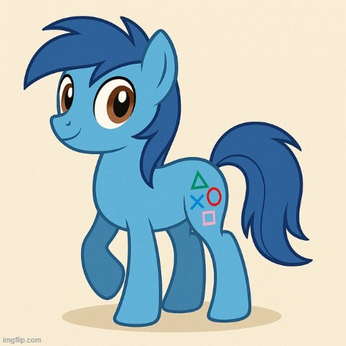 Posting my ponysona here so I can request for him to be redrawn by an actual human (side note: ChatGPT swapped the square and X) | made w/ Imgflip meme maker