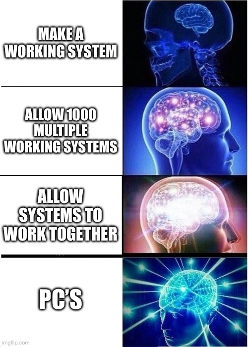 PC goodness | MAKE A WORKING SYSTEM; ALLOW 1000 MULTIPLE WORKING SYSTEMS; ALLOW SYSTEMS TO WORK TOGETHER; PC’S | image tagged in memes,expanding brain | made w/ Imgflip meme maker
