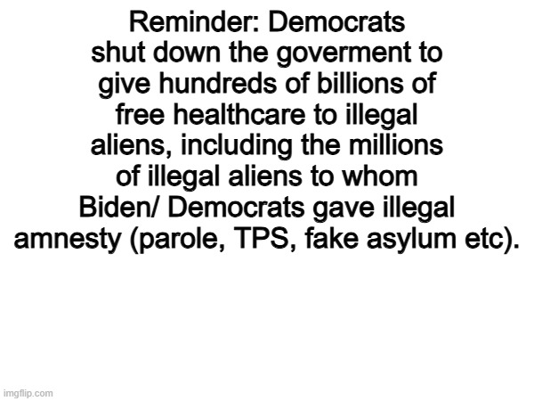 Dems continue to put america last | Reminder: Democrats shut down the goverment to give hundreds of billions of free healthcare to illegal aliens, including the millions of illegal aliens to whom Biden/ Democrats gave illegal amnesty (parole, TPS, fake asylum etc). | image tagged in memes,funny,democrats,politics,political meme | made w/ Imgflip meme maker