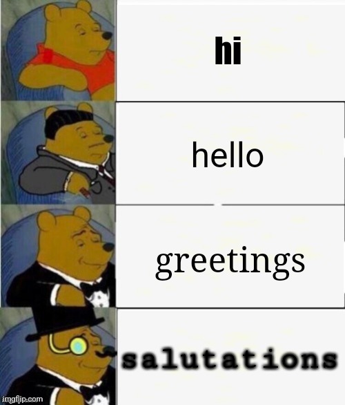 Remake of one of the memes I saw | hi; hello; greetings; salutations | image tagged in tuxedo winnie the pooh 4 panel | made w/ Imgflip meme maker