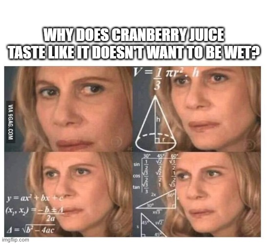 cranberry juice | WHY DOES CRANBERRY JUICE TASTE LIKE IT DOESN'T WANT TO BE WET? | image tagged in thinking lady | made w/ Imgflip meme maker
