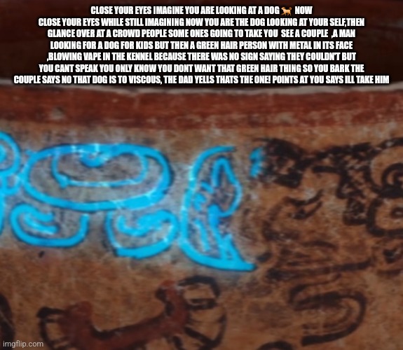 Readers highgest: Breaking Dogs smarter than green hair leftist ,humor sunday | CLOSE YOUR EYES IMAGINE YOU ARE LOOKING AT A DOG 🐕  NOW CLOSE YOUR EYES WHILE STILL IMAGINING NOW YOU ARE THE DOG LOOKING AT YOUR SELF,THEN GLANCE OVER AT A CROWD PEOPLE SOME ONES GOING TO TAKE YOU  SEE A COUPLE  ,A MAN LOOKING FOR A DOG FOR KIDS BUT THEN A GREEN HAIR PERSON WITH METAL IN ITS FACE ,BLOWING VAPE IN THE KENNEL BECAUSE THERE WAS NO SIGN SAYING THEY COULDN'T BUT YOU CANT SPEAK YOU ONLY KNOW YOU DONT WANT THAT GREEN HAIR THING SO YOU BARK THE COUPLE SAYS NO THAT DOG IS TO VISCOUS, THE DAD YELLS THATS THE ONE! POINTS AT YOU SAYS ILL TAKE HIM | image tagged in dog | made w/ Imgflip meme maker