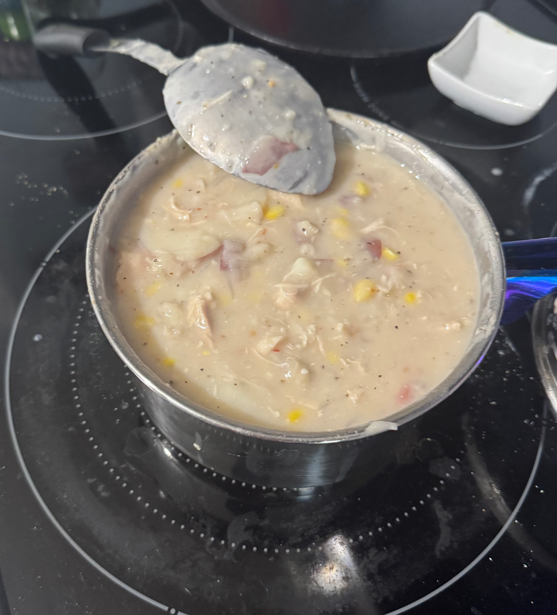 Chicken, corn, chowder, potatoes, onion, garlic, con gravy Blank Meme Template