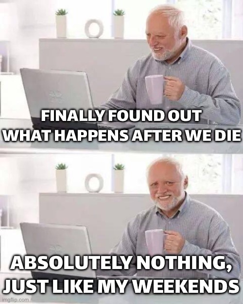 FINALLY FOUND OUT WHAT HAPPENS AFTER WE DIE | FINALLY FOUND OUT WHAT HAPPENS AFTER WE DIE; ABSOLUTELY NOTHING, JUST LIKE MY WEEKENDS | image tagged in memes,hide the pain harold,afterlife,anti-religion,universe,life | made w/ Imgflip meme maker