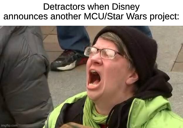 If You Don't Like It Then Move On With Your Life, Complaining Makes You More Immature | Detractors when Disney announces another MCU/Star Wars project: | image tagged in screaming trump protester at inauguration,memes,mcu,star wars,disney,disney killed star wars | made w/ Imgflip meme maker